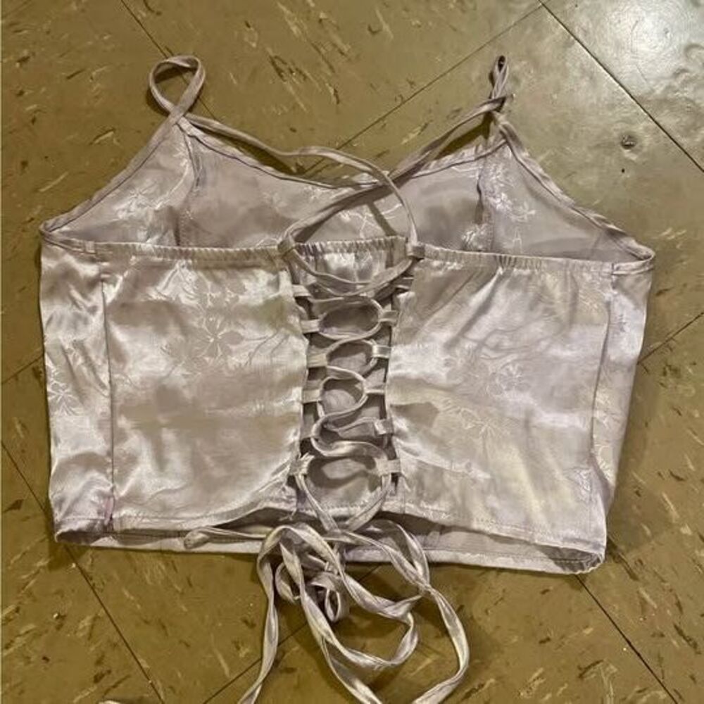 Lilac Purple Satin Lace Up Floral Corset Strappy Crop Top, Fairycore Size S